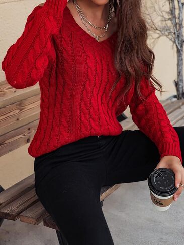 SHENHE Women's Cable Knit Sweater Casual Cold Shoulder V Neck Long Sleeve Knitted Pullover Tops in Saudi Arabia