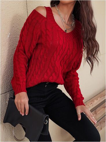 SHENHE Women's Cable Knit Sweater Casual Cold Shoulder V Neck Long Sleeve Knitted Pullover Tops in Saudi Arabia