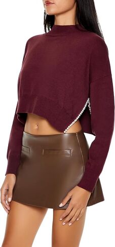 Forever 21 Women's Faux Pearl-Trim Cropped Sweater in Saudi Arabia