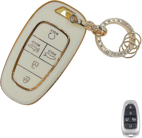 غطاء مفتاح Hyundai Key Fob مع سلسلة مفاتيح، غطاء غطاء مفتاح TPU أبيض ناعم حماية كاملة لـ 2024 2023 2022 Sonata، Tucson، Santa Cruz مفتاح التحكم عن بعد الذكي (لشركة Hyundai A) in Kuwait