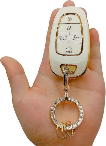غطاء مفتاح Hyundai Key Fob مع سلسلة مفاتيح، غطاء غطاء مفتاح TPU أبيض ناعم حماية كاملة لـ 2024 2023 2022 Sonata، Tucson، Santa Cruz مفتاح التحكم عن بعد الذكي (لشركة Hyundai A) in Kuwait