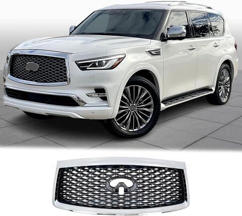 مجموعة الشبكة الأمامية العلوية مع فتحة الكاميرا تناسب 2018 2019 2020 2021 إنفينيتي QX80، نمط قرص العسل، الكروم والأسود in Kuwait
