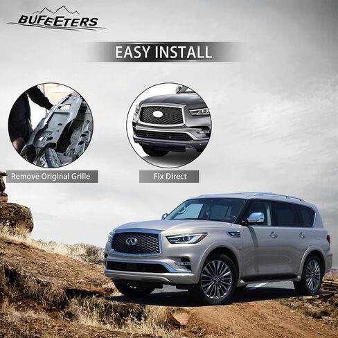 مجموعة الشبكة الأمامية العلوية مع فتحة الكاميرا تناسب 2018 2019 2020 2021 إنفينيتي QX80، نمط قرص العسل، الكروم والأسود in Kuwait