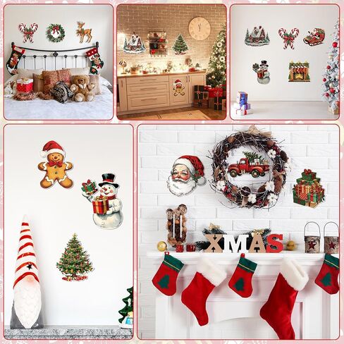Harloon 24 Pcs Large Christmas Wall Clings Vintage Christmas Wall Stickers Santa Snowman Gingerbread Man Reindeer Xmas Tree Wreaths Stockings Decals for Xmas Home Classroom School Party Decor Supplies in Saudi Arabia