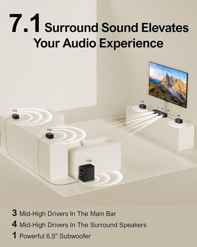 ULTIMEA 5.1 Virtual Surround Sound Bar, Peak Power 320W, 3D Surround Sound System Sound Bars for TV with Subwoofer and Rear Surround Speakers, Home Theater Surround and Bass Adjustable, Poseidon D50 in Saudi Arabia