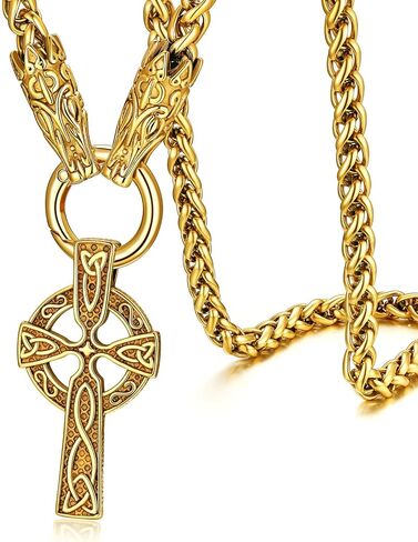 ChainsHouse Norse Viking Jewelry for Men, Wolf Head/Thor Hammer/Celtic Knot Cross Pendant with 28 Inches Chunky Chain, Stainless Steel/Black/Gold Plated Necklace, Sent Gift Box in Saudi Arabia