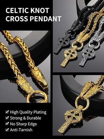 ChainsHouse Norse Viking Jewelry for Men, Wolf Head/Thor Hammer/Celtic Knot Cross Pendant with 28 Inches Chunky Chain, Stainless Steel/Black/Gold Plated Necklace, Sent Gift Box in Saudi Arabia