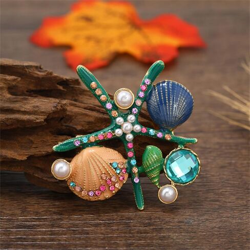 Ocean Starfish Brooch Pin for Women Men Gold Plated Charm Sea Star Lapel Pins Elegant Shell Pearl Rhinestone Starfish Brooch Summer Ocean Beach Party Jewelry Accessories in Saudi Arabia
