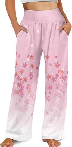 Printed Palazzo Pants for Women Casual High Waisted Wide Leg Lounge Pants with Pockets Size XS-3XL in Saudi Arabia
