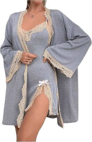 OYOANGLE Women's 2 Piece Robe Set Lace Trim Cami Nightgown and Long Sleeve Kimono Pajama Sets in Saudi Arabia