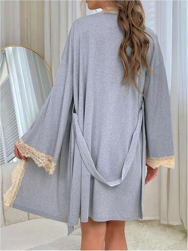 OYOANGLE Women's 2 Piece Robe Set Lace Trim Cami Nightgown and Long Sleeve Kimono Pajama Sets in Saudi Arabia