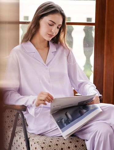 طقم بيجامة من الساتان للنساء مكون من قطعتين بأكمام طويلة وأزرار لأعلى أطقم بيجاما حريرية ملابس نوم من الساتان الناعم مع جيب in Saudi Arabia