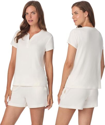 طقم بيجامة للسيدات من Anne Klein بأكمام قصيرة وشورت Henley - نسيج سترة ناعمة - ملابس نوم خفيفة الوزن وملابس نوم PJs in Kuwait