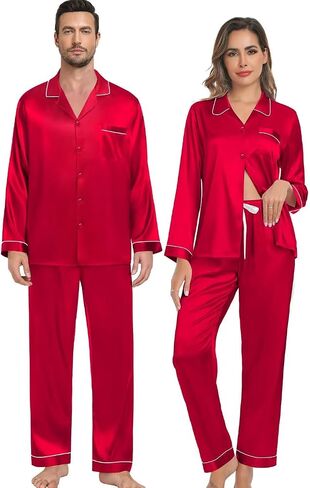 SWOMOG Family Matching Pajama Set 2Pcs Silk Satin Sleepwear Long Sleeve Button Down Loungewear Men Women with Kids in Saudi Arabia