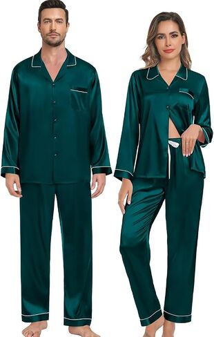 SWOMOG Family Matching Pajama Set 2Pcs Silk Satin Sleepwear Long Sleeve Button Down Loungewear Men Women with Kids in Saudi Arabia