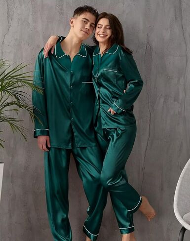 SWOMOG Family Matching Pajama Set 2Pcs Silk Satin Sleepwear Long Sleeve Button Down Loungewear Men Women with Kids in Saudi Arabia