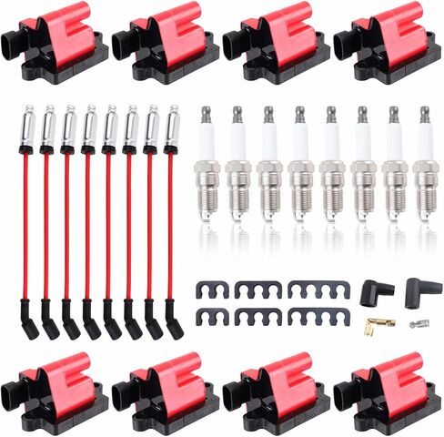 Set of 8 Square Ignition Coil 8 Platinum Spark Plug and Red Wire Set Compatible with Chevrolet Chevy GMC Hummer Avalanche Savana 1500 2500 3500 Sierra UF271 (UF271 red+748UU+41-962) in Kuwait