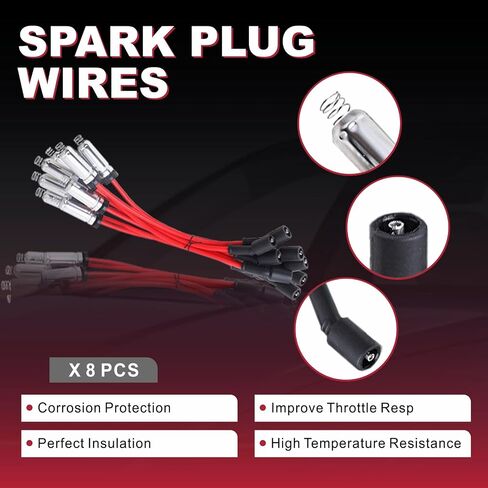 Set of 8 Square Ignition Coil 8 Platinum Spark Plug and Red Wire Set Compatible with Chevrolet Chevy GMC Hummer Avalanche Savana 1500 2500 3500 Sierra UF271 (UF271 red+748UU+41-962) in Kuwait