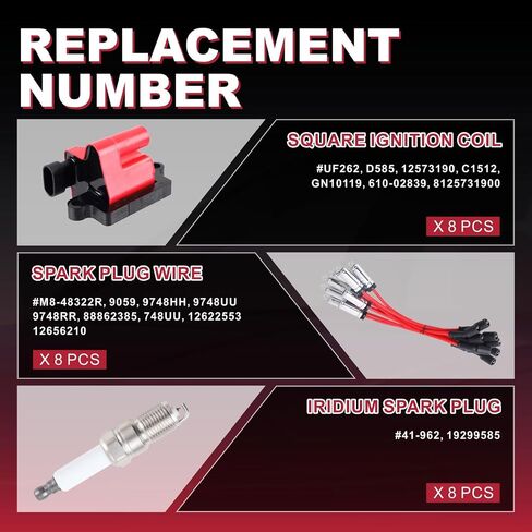 Set of 8 Square Ignition Coil 8 Platinum Spark Plug and Red Wire Set Compatible with Chevrolet Chevy GMC Hummer Avalanche Savana 1500 2500 3500 Sierra UF271 (UF271 red+748UU+41-962) in Kuwait