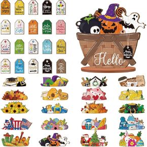 Anglechic 42 قطعة سلة زهور صغيرة قابلة للتبديل، علامة موسمية للعطلات، مجموعة ديكور صينية للعطلات، خشب ريفي قابل للاستبدال، DIY معلق على شكل قطرة مكتب منزلي، زخرفة ترحيبية، هدايا عيد ميلاد شتوية in Kuwait