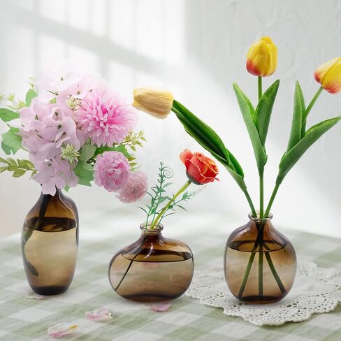 Amber Glass Bud Vases Set of 3,Small Mini Glass Vases for Flowers,Vintage Vases for Centerpieces,Flower Vase Bulk for Wedding,Table Decorations,Home Decor (Amber) in Saudi Arabia