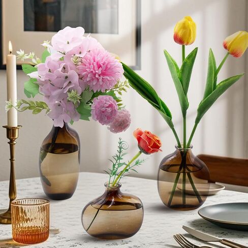 Amber Glass Bud Vases Set of 3,Small Mini Glass Vases for Flowers,Vintage Vases for Centerpieces,Flower Vase Bulk for Wedding,Table Decorations,Home Decor (Amber) in Saudi Arabia