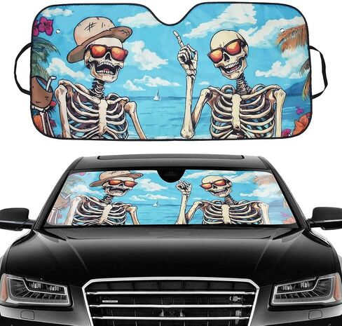 Blueshyhall Car Windshield Sun Shade Foldable Funny Skull Skeleton Summer Beach Sunshade Blocks UV Rays Sun Visor for Car Front Window Protector 27.5 in x 57 in in Kuwait