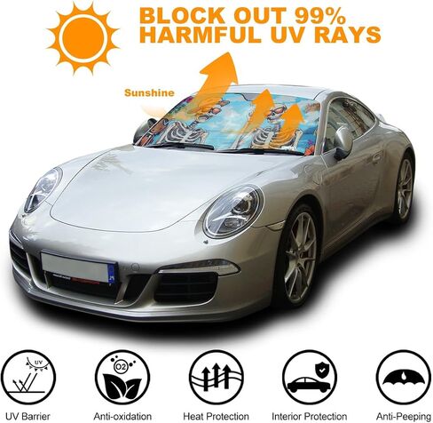 Blueshyhall Car Windshield Sun Shade Foldable Funny Skull Skeleton Summer Beach Sunshade Blocks UV Rays Sun Visor for Car Front Window Protector 27.5 in x 57 in in Kuwait
