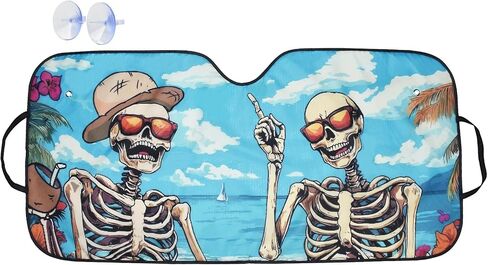 Blueshyhall Car Windshield Sun Shade Foldable Funny Skull Skeleton Summer Beach Sunshade Blocks UV Rays Sun Visor for Car Front Window Protector 27.5 in x 57 in in Kuwait