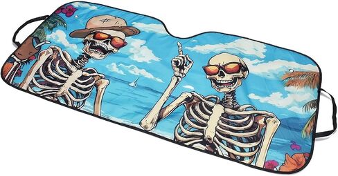 Blueshyhall Car Windshield Sun Shade Foldable Funny Skull Skeleton Summer Beach Sunshade Blocks UV Rays Sun Visor for Car Front Window Protector 27.5 in x 57 in in Kuwait