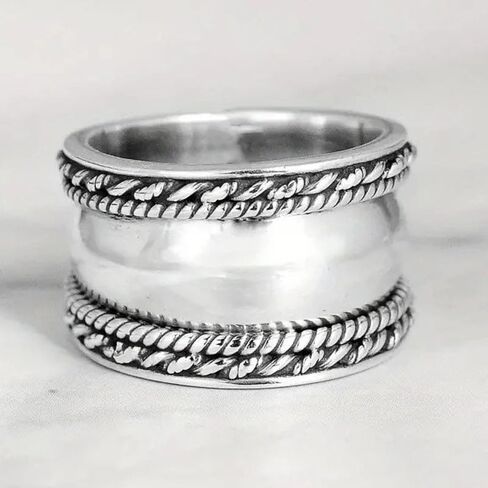 Chunky Dome Rings for Women Dainty S925 Sterling Silver Tone Cute Puffy Dome Croissant Thumb Band Twisted Stacking Bands Ring Retro Personality Smooth Twist Ring Size 10 in Saudi Arabia