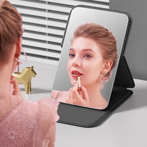 Portable Handheld Personal Makeup Mirror Foldable Solid Color PU Leather Simple Mini Compact Cute Pocket Mirror,Black (7 * 10.5cm) in Saudi Arabia