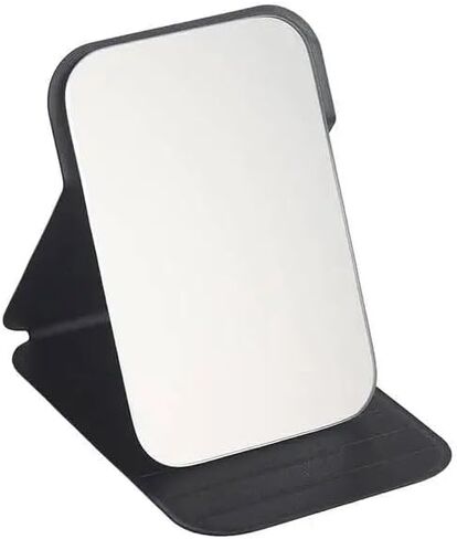 Portable Handheld Personal Makeup Mirror Foldable Solid Color PU Leather Simple Mini Compact Cute Pocket Mirror,Black (7 * 10.5cm) in Saudi Arabia