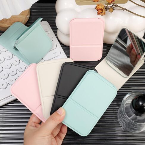 Portable Handheld Personal Makeup Mirror Foldable Solid Color PU Leather Simple Mini Compact Cute Pocket Mirror,Black (7 * 10.5cm) in Saudi Arabia