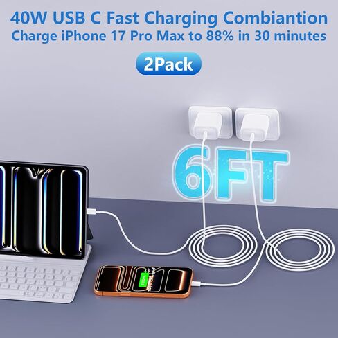 iPhone 16 15 Charger Fast Charging Type C Charger 20W USB C Charger Block iPhone 16 Charger with Woven 6FT USB-C Cable 60W for iPhone 16/16 Plus/16 Pro/16 Pro Max/iPhone 15/15 Pro Max/iPad Pro/AirPods in Kuwait