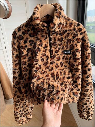 SOLY HUX Women's Leopard Fleece Sweatshirt Half Zip Mock Neck Long Sleeve Fuzzy Cropped Pullover Tops with Pocket in Saudi Arabia