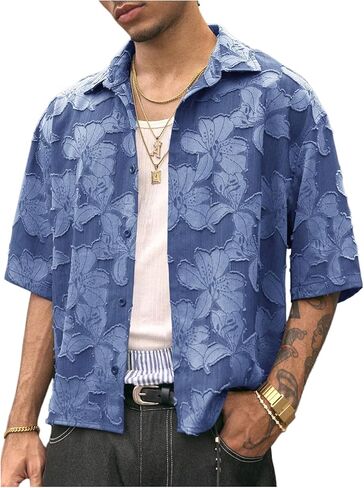 Men's Floral Button Down Crop Shirt Half Sleeve Collared Cropped Top Streetwear 70s Hippie Shirts in Kuwait