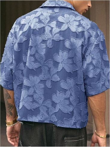 Men's Floral Button Down Crop Shirt Half Sleeve Collared Cropped Top Streetwear 70s Hippie Shirts in Kuwait