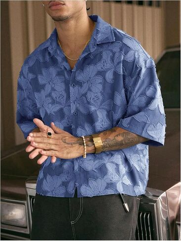 Men's Floral Button Down Crop Shirt Half Sleeve Collared Cropped Top Streetwear 70s Hippie Shirts in Kuwait