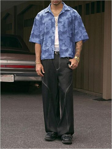 Men's Floral Button Down Crop Shirt Half Sleeve Collared Cropped Top Streetwear 70s Hippie Shirts in Kuwait