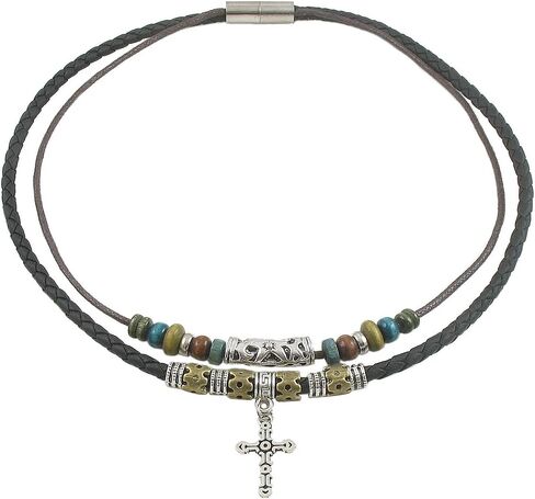 Ancient Tribe Hemp Leather Beads Choker Necklace,15.5 Inches,Brown,Cross Pendant in Kuwait