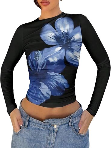 Women Y2k Floral Print Crop Top Long Sleeve Crew Neck Ruched Slim Fit Coquette Going Out Crop Tee Shirt T in Kuwait