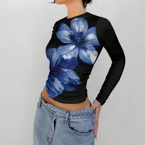 Women Y2k Floral Print Crop Top Long Sleeve Crew Neck Ruched Slim Fit Coquette Going Out Crop Tee Shirt T in Kuwait