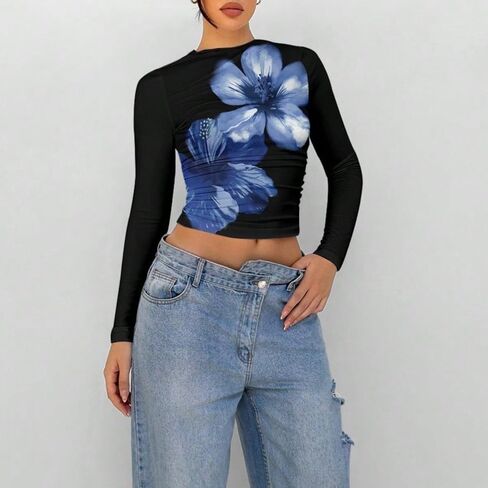 Women Y2k Floral Print Crop Top Long Sleeve Crew Neck Ruched Slim Fit Coquette Going Out Crop Tee Shirt T in Kuwait