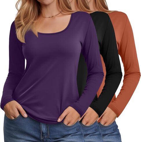 3 Packs Women Plus Size Tops Shirt Cotton Long Sleeve Scoop Neck T Shirts Slim Fit U Neck Comfy Casual Basic Tees in Saudi Arabia