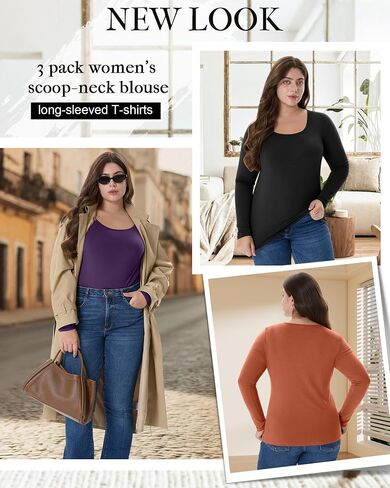 3 Packs Women Plus Size Tops Shirt Cotton Long Sleeve Scoop Neck T Shirts Slim Fit U Neck Comfy Casual Basic Tees in Saudi Arabia