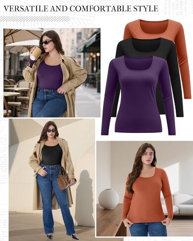 3 Packs Women Plus Size Tops Shirt Cotton Long Sleeve Scoop Neck T Shirts Slim Fit U Neck Comfy Casual Basic Tees in Saudi Arabia