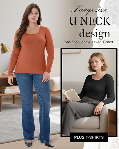 3 Packs Women Plus Size Tops Shirt Cotton Long Sleeve Scoop Neck T Shirts Slim Fit U Neck Comfy Casual Basic Tees in Saudi Arabia