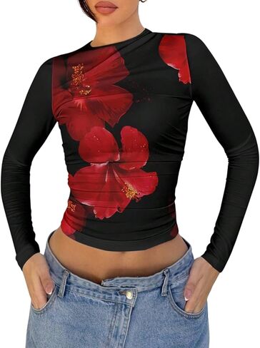 Women Y2k Floral Print Crop Top Long Sleeve Crew Neck Ruched Slim Fit Coquette Going Out Crop Tee Shirt T in Kuwait