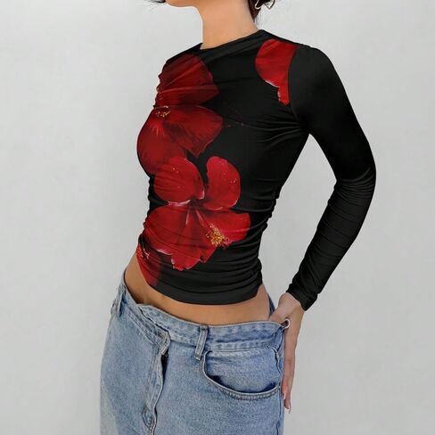Women Y2k Floral Print Crop Top Long Sleeve Crew Neck Ruched Slim Fit Coquette Going Out Crop Tee Shirt T in Kuwait